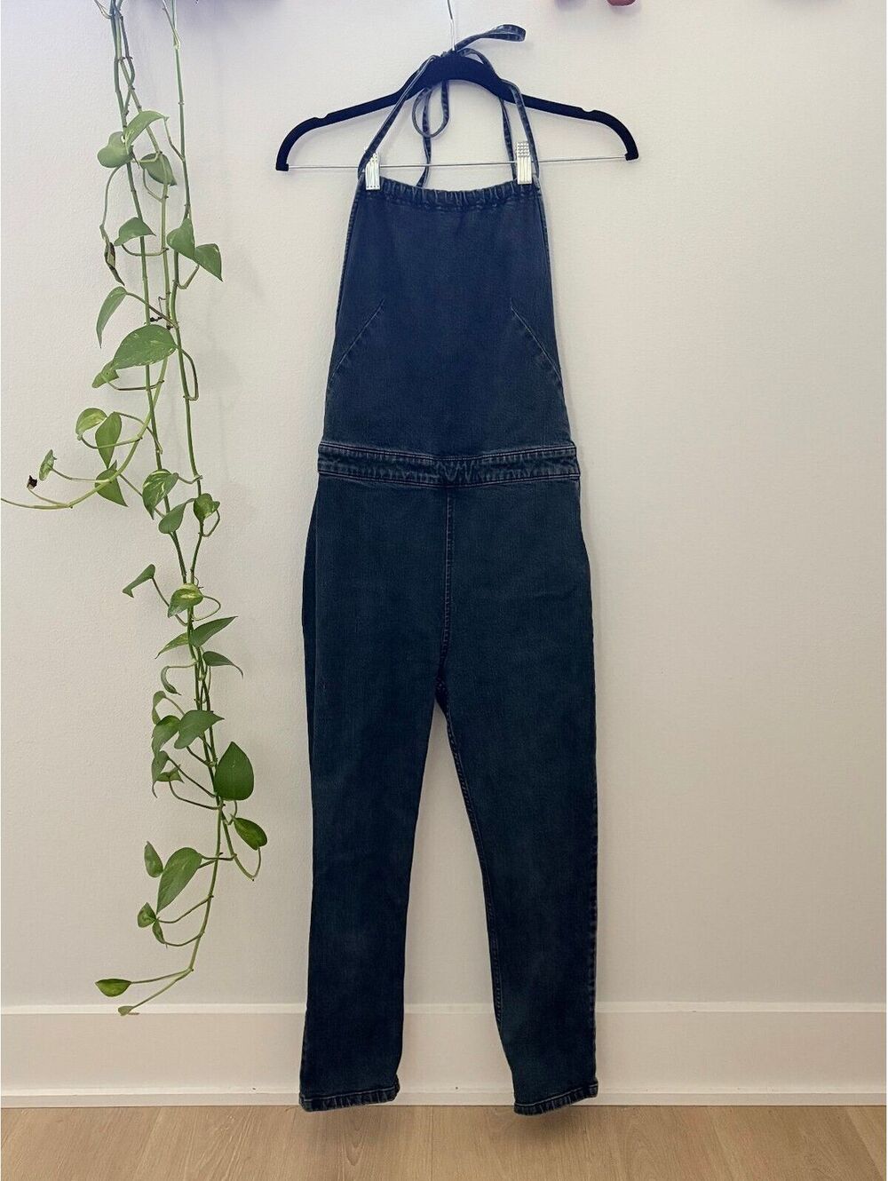 Free People Black Denim Halter Jumpsuit Overalls Womens Size 6 Boho